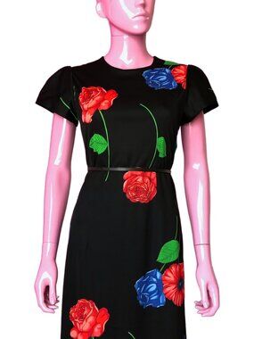 Vintage 70s S Maxi Dress Black Floral Roses Blue Red Green Short Puff Sleeves